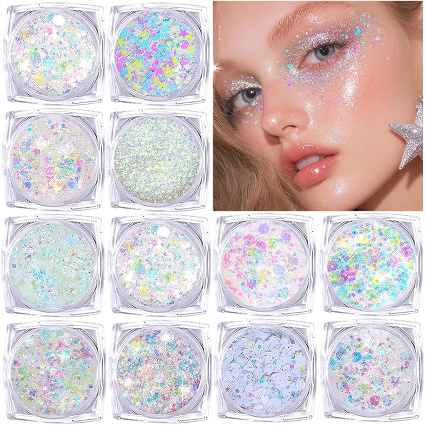 Elevave body glitter gel set white scheme front view showing twelve individual pots