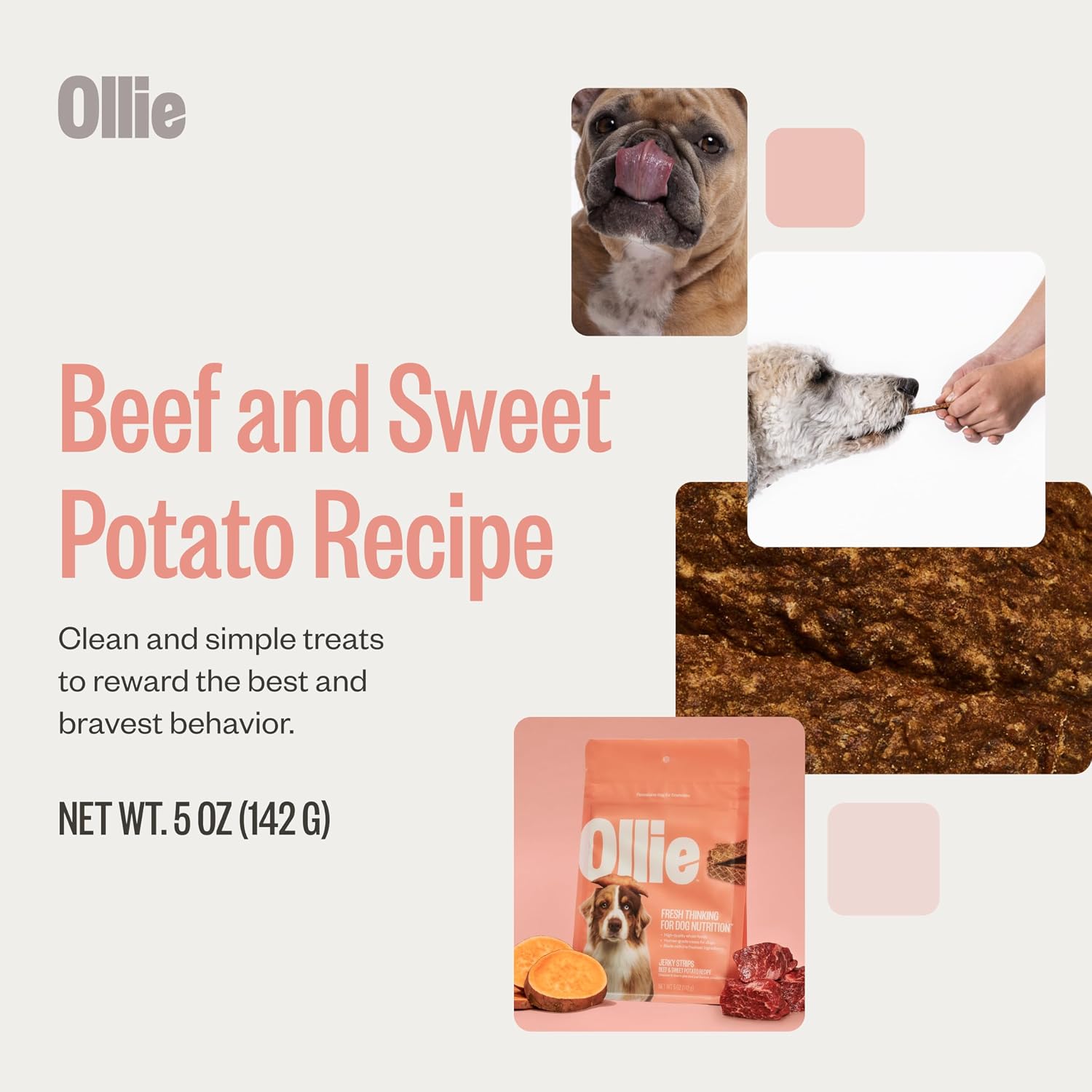 Close up of Ollie Beef and Sweet Potato jerky strip texture