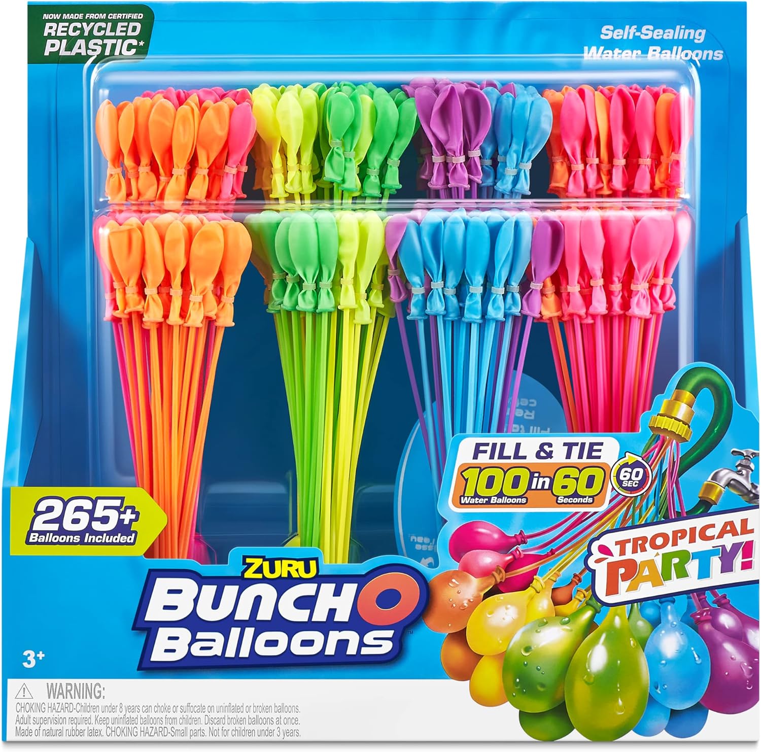 ZURU Bunch O Balloons Tropical Party front view packaging showcasing vibrant multi colored self sealing water balloons.