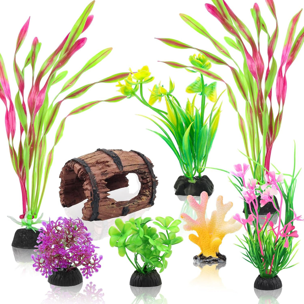 QUOZUO Small Fish Broken Barrel Aquarium Decoration Set front view of resin barrel and coral ornaments.