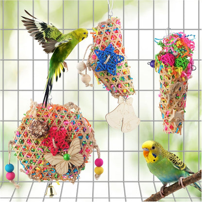 Matutinus bird foraging toy front view hanging inside a parrot cage