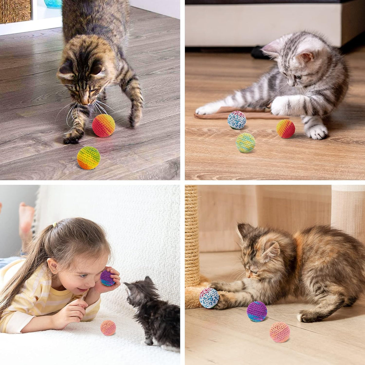 Safe woolen crochet balls with secure bell chambers for active cats.