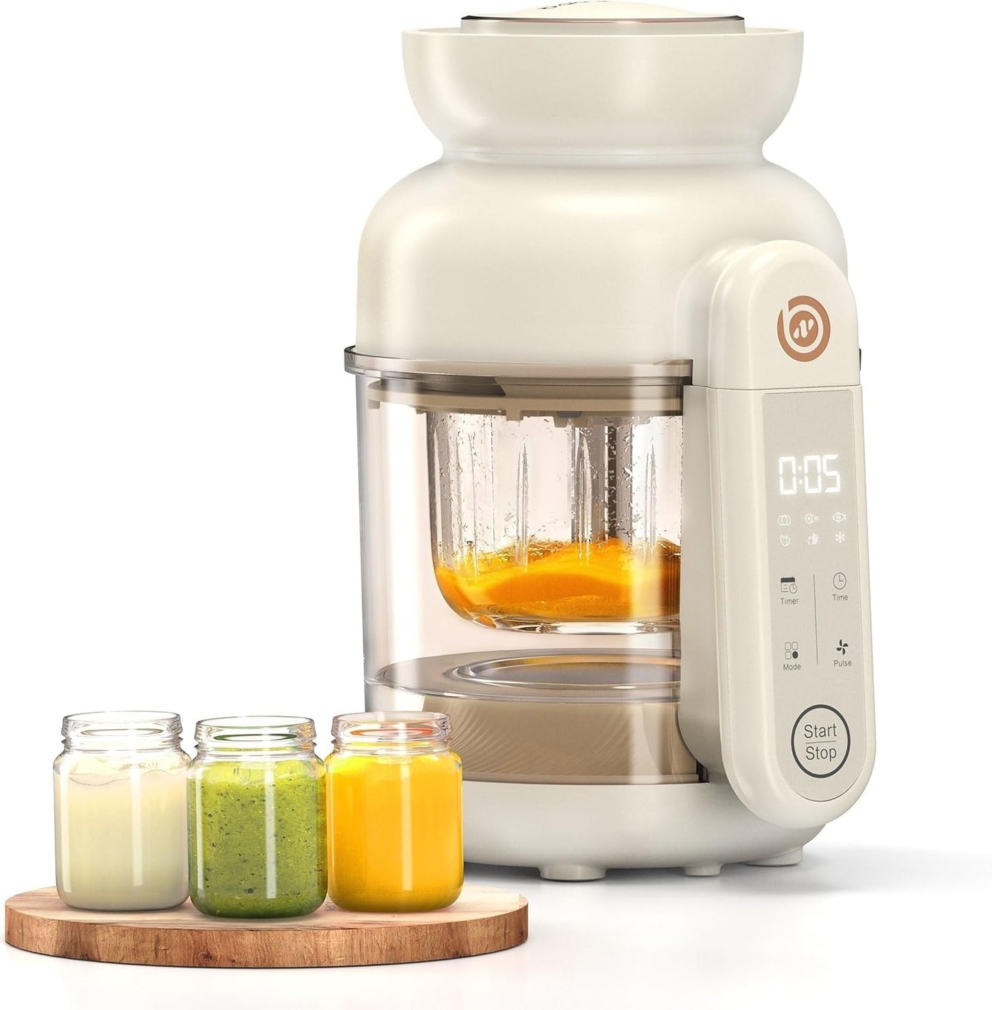 BabyNutri auto baby food maker front view with ivory housing and glass bowl