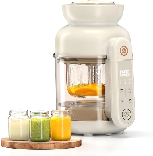 BabyNutri auto baby food maker front view with ivory housing and glass bowl