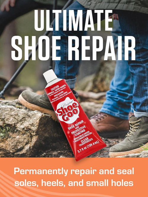 Shoegoo clear flexible rubber based sealant being applied directly onto a worn sneaker sole.
