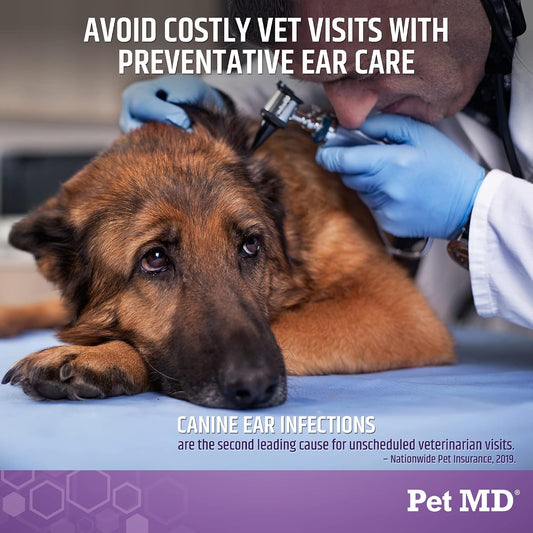 Close up of Pet MD dog and cat ear flush bottle label