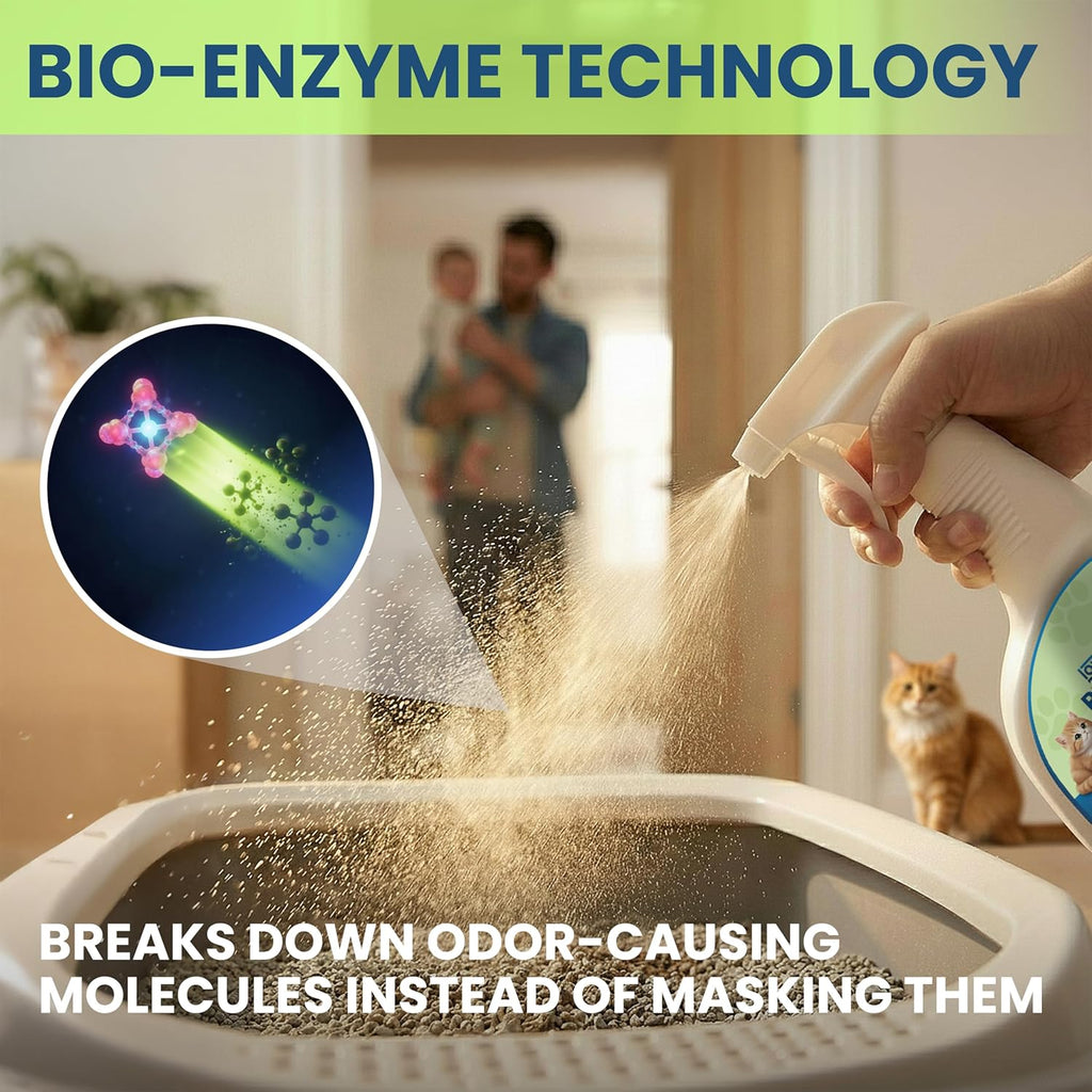 Safe non toxic bio enzymatic pet stain cleaner spray application on home carpet