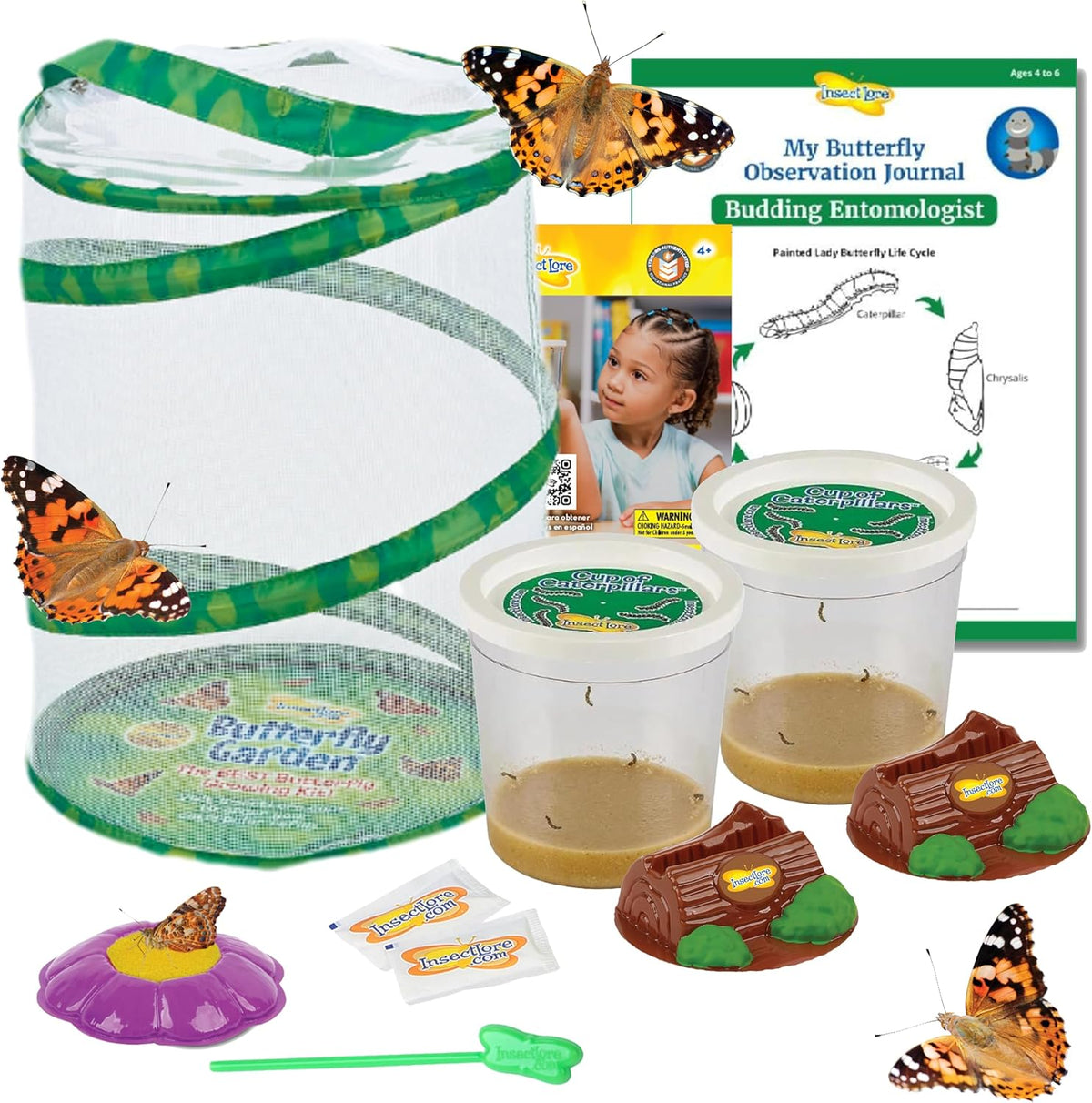 Insect Lore Butterfly Garden Kit front view showing the green mesh enclosure and caterpillar cups.