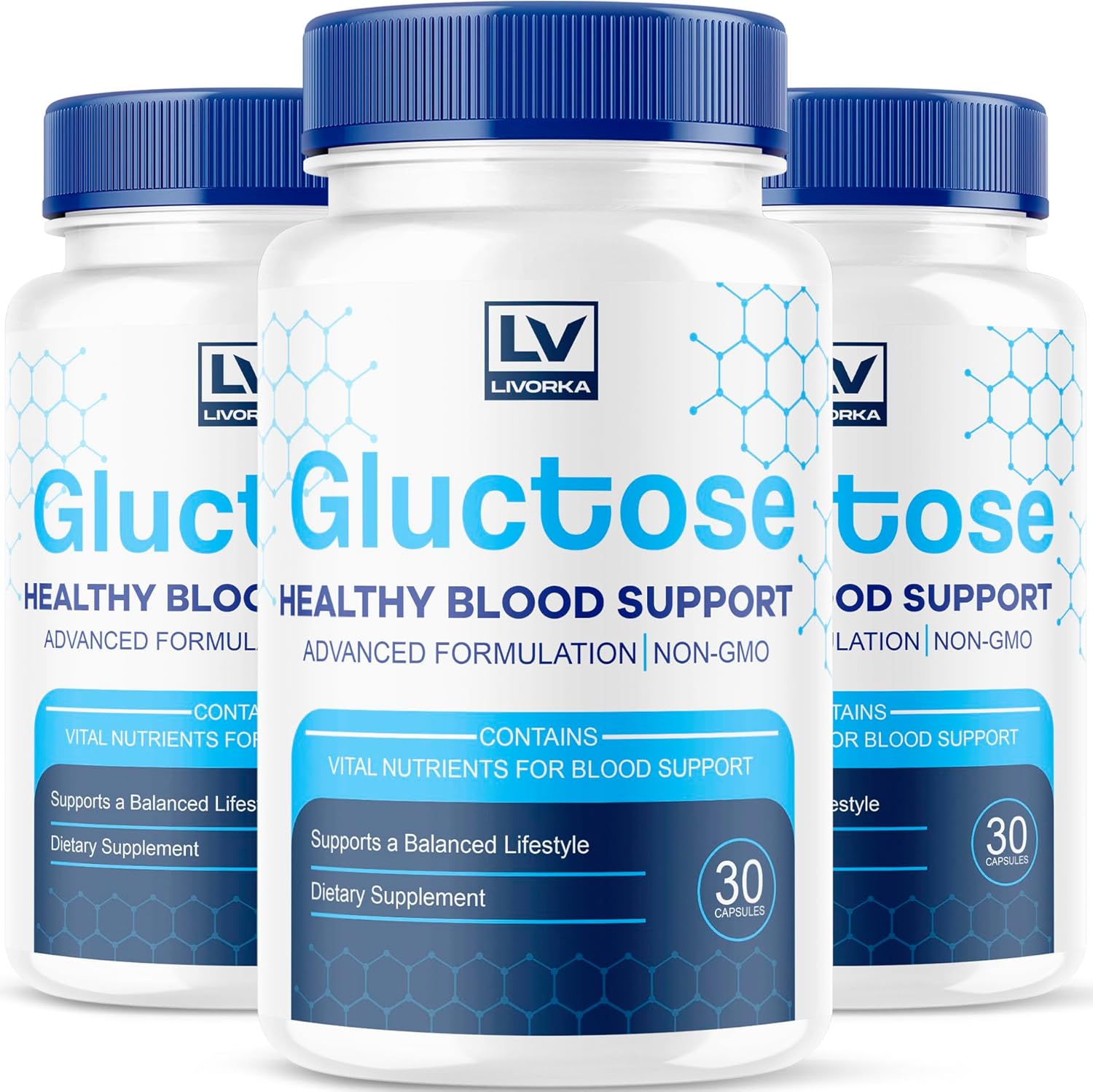 Livorka Gluctose Advanced Blood Support front view of three pack bottles for metabolic health