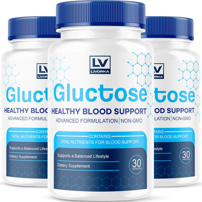 Livorka Gluctose Advanced Blood Support front view of three pack bottles for metabolic health