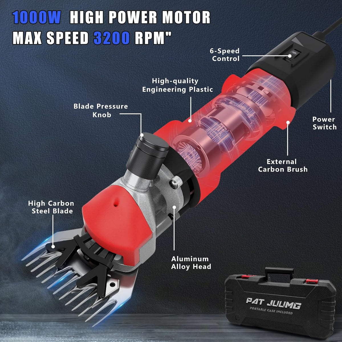 PAT JUUMG heavy duty animal clippers showing 6 speed adjustable dial control close up