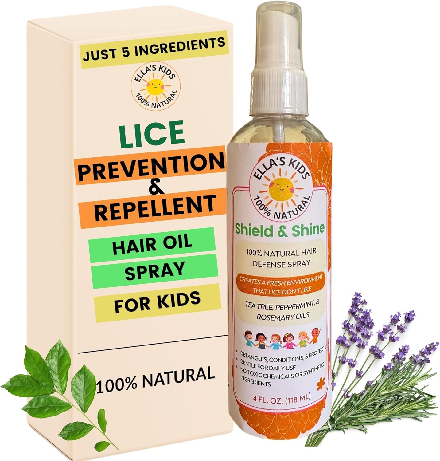 Ella's Kids Shield and Shine natural lice prevention hair oil spray front view