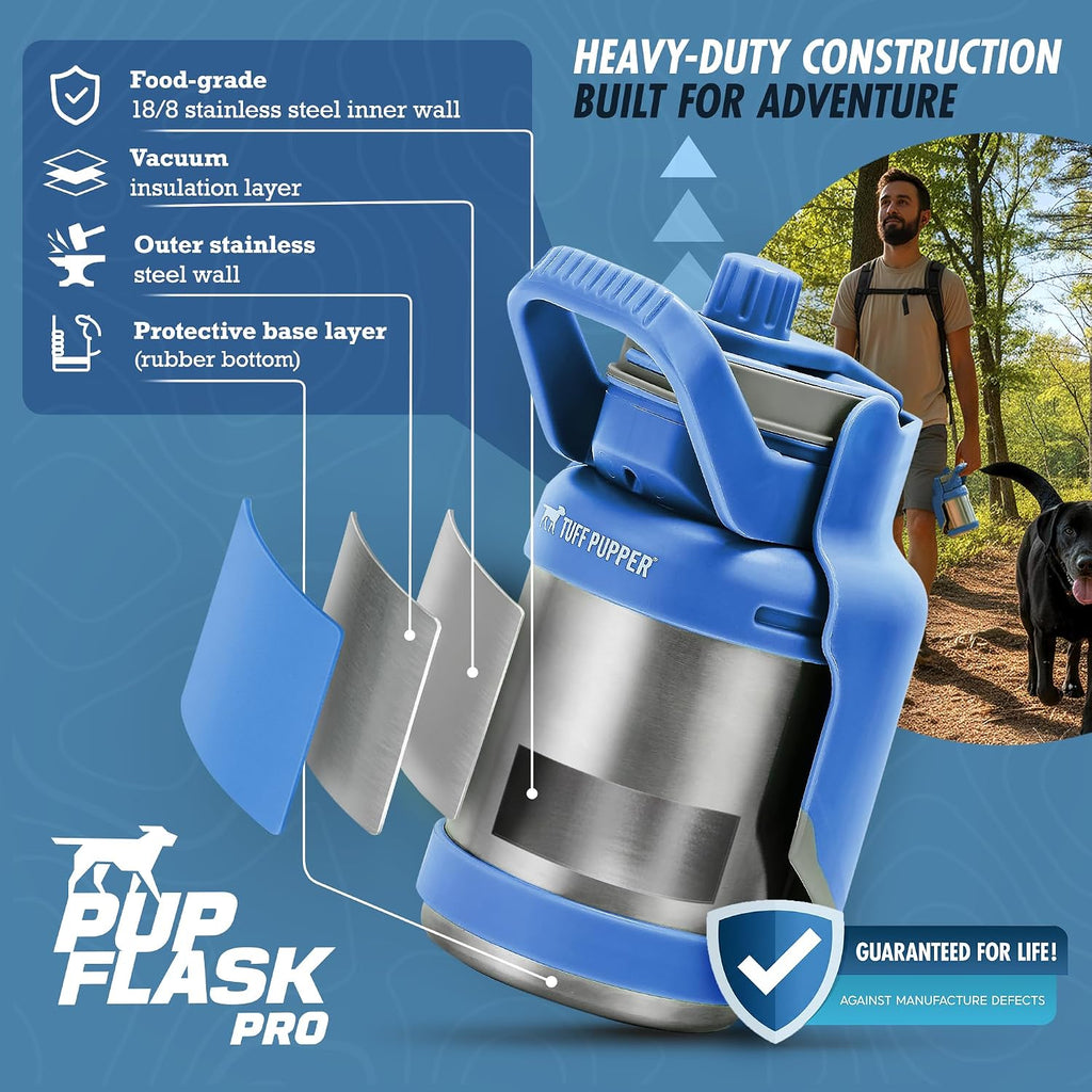 Reversible silicone bowl on stainless steel dog flask preventing messy outdoor spills