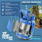 Reversible silicone bowl on stainless steel dog flask preventing messy outdoor spills