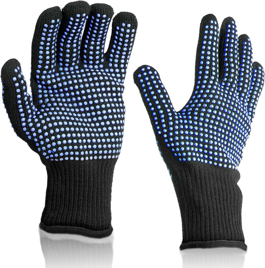 Sixriver heat resistant gloves for hair styling front view showing blue non-slip palm dots