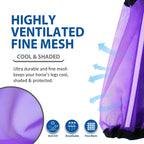 Set of four purple fine mesh horse leggings showing the full length secure closures.