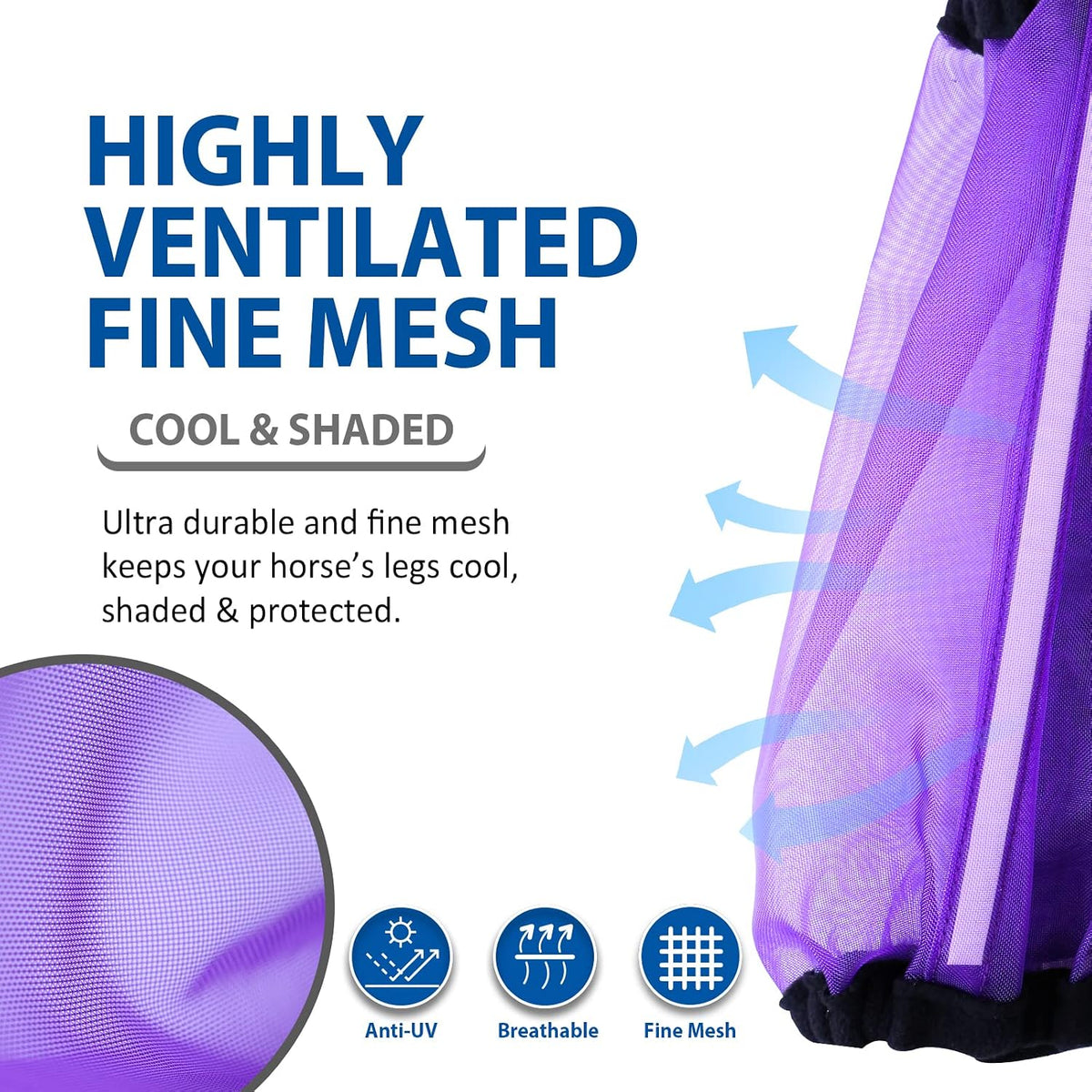 Set of four purple fine mesh horse leggings showing the full length secure closures.