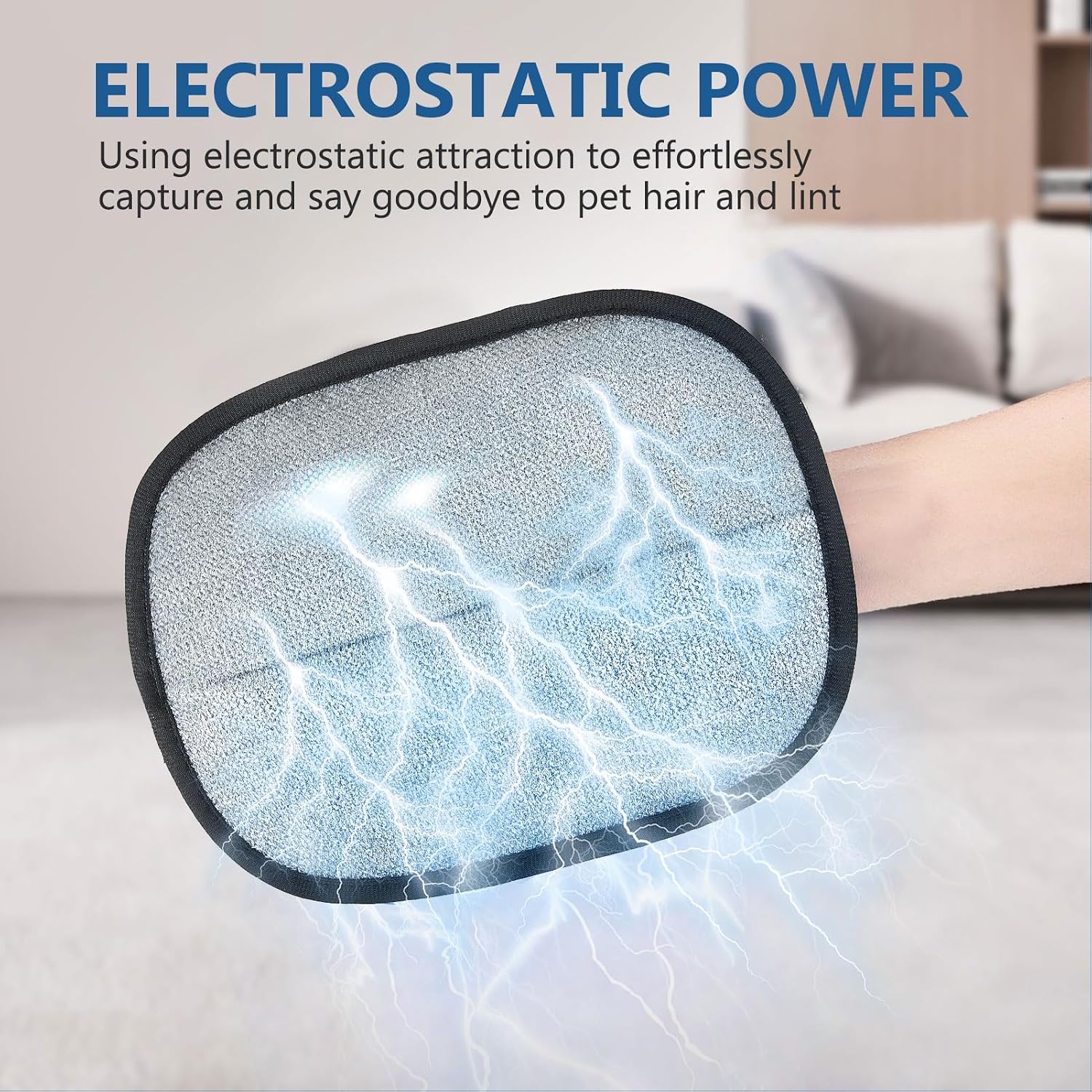 Five-finger electrostatic pet hair glove cleaning a sofa