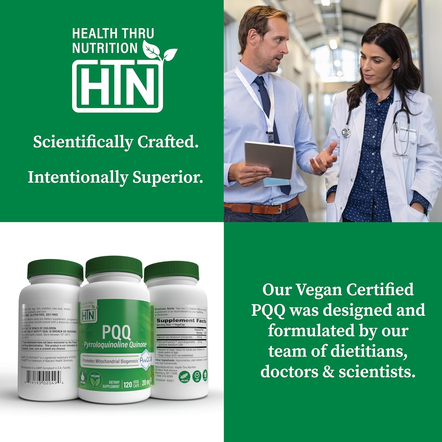 Premium non GMO and certified vegan seals on the health thru nutrition pyrroloquinoline quinone packaging.
