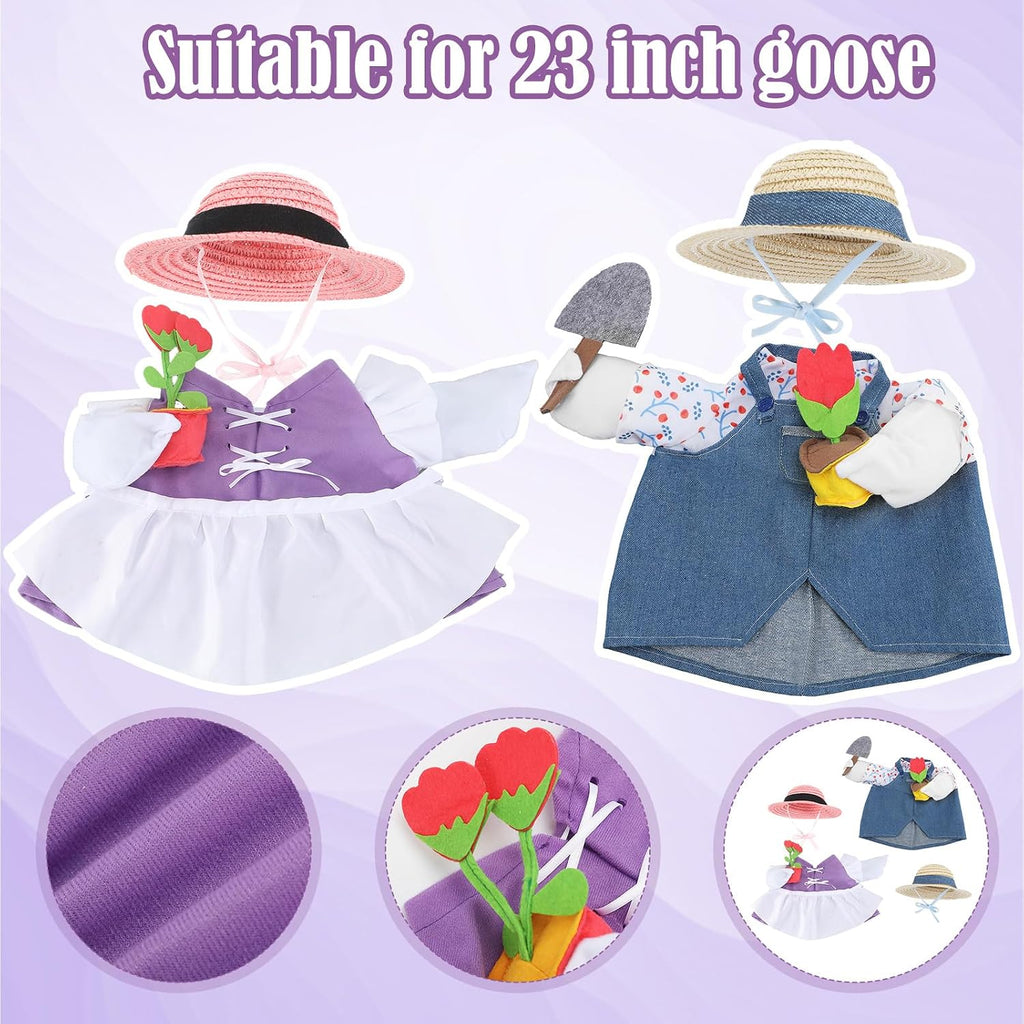Arrowbash outdoor garden goose clothes featuring blue and purple outfits with straw hats.