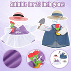 Arrowbash outdoor garden goose clothes featuring blue and purple outfits with straw hats.