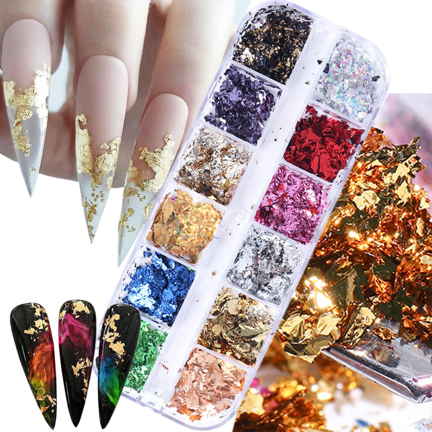 Vezocim 12 color holographic nail glitter foils set front view