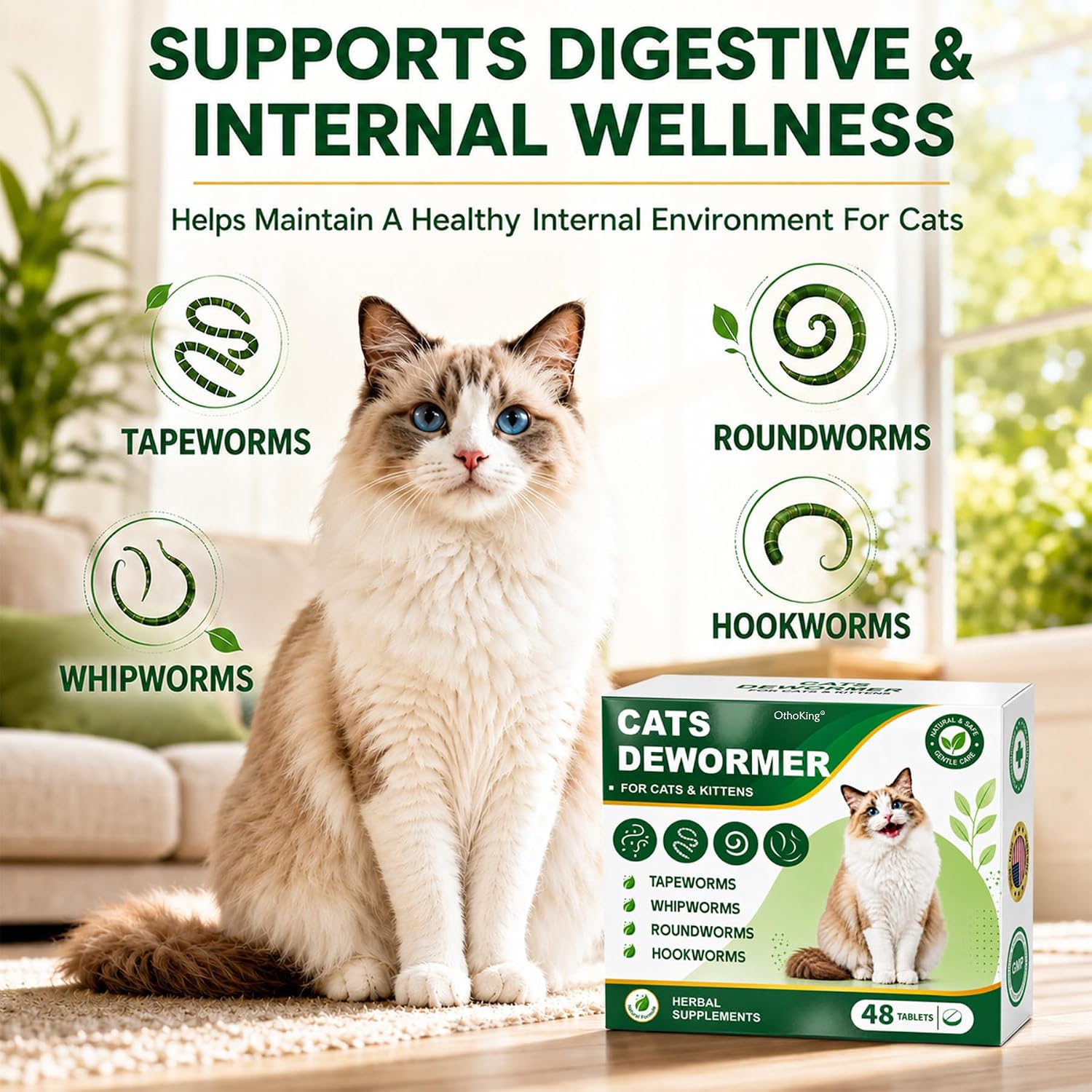 OthoKing broad spectrum cat and kitten wormer supplement bottle on a clean background.