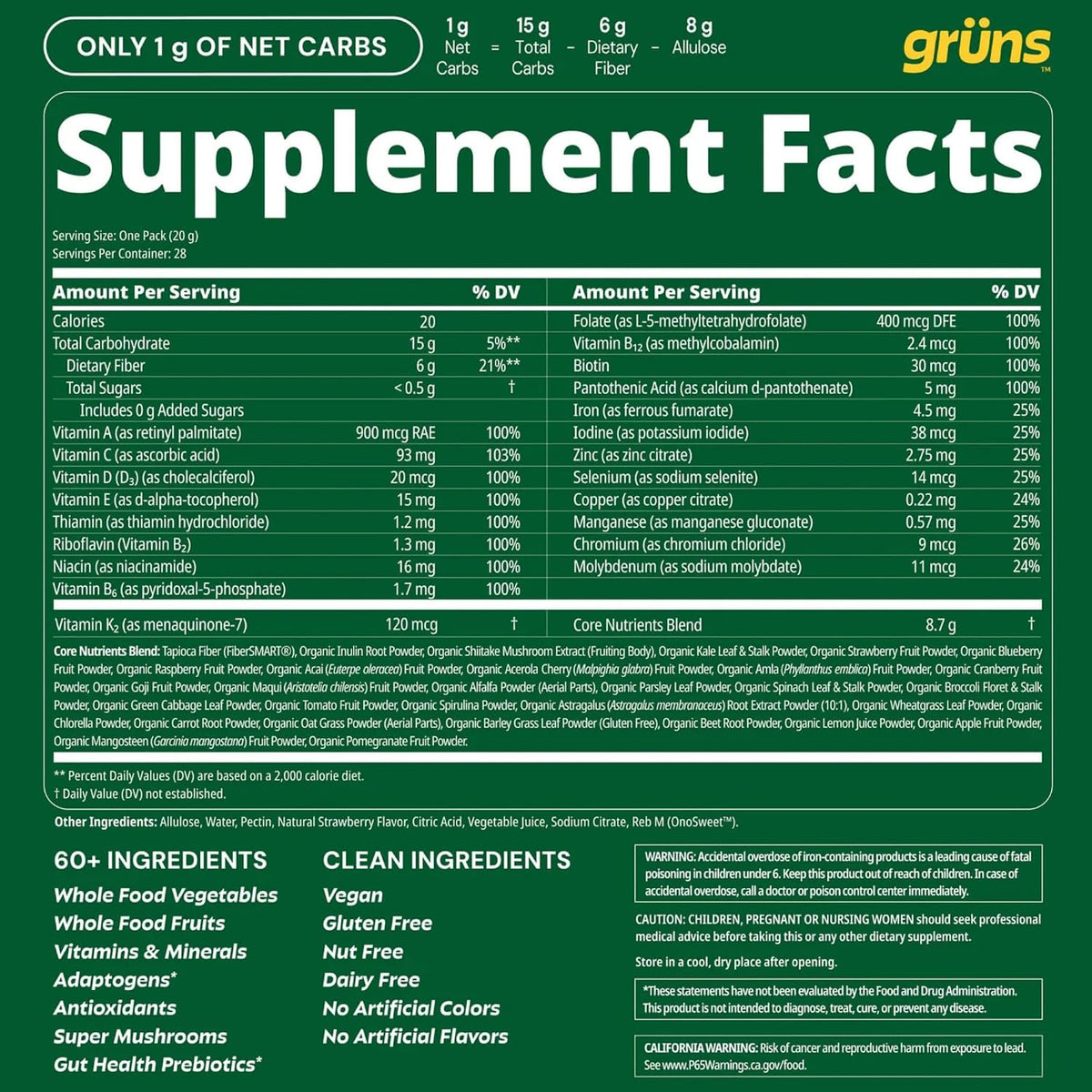 Gruns Adult Greens Gummies Sugar Free Multivitamin & Prebiotic Fiber, 28 ct - Image 8