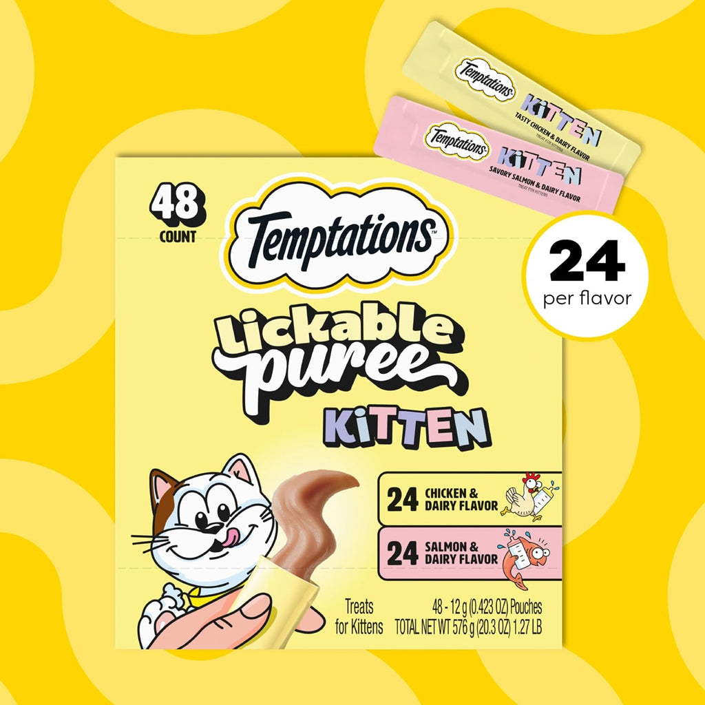 Single serve Temptations chicken and salmon puree kitten treat pouches