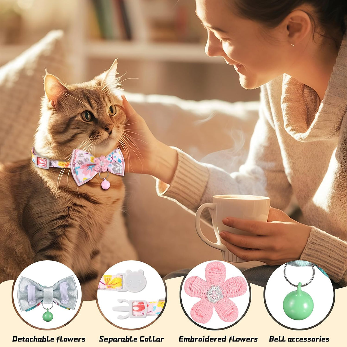 Pink purple and green floral kitten collars with removable bow ties
