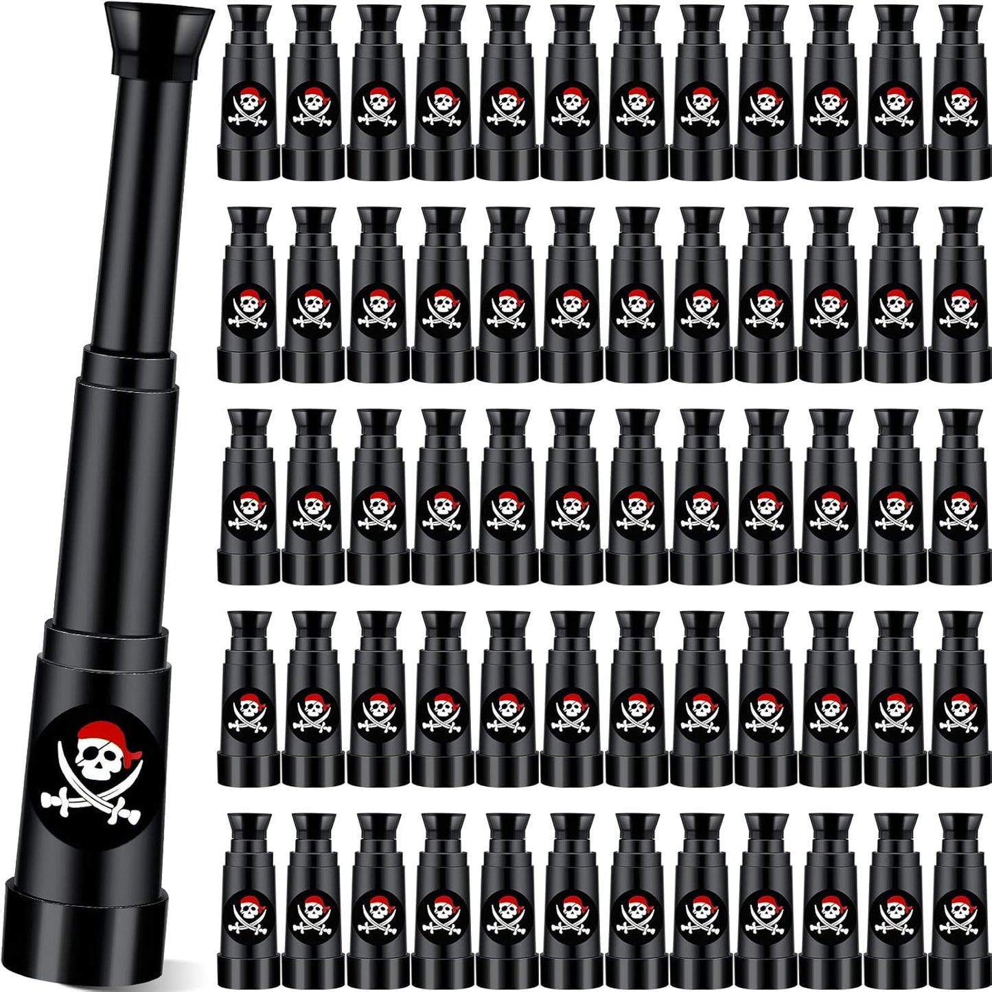 Seenelling pirate telescope pack front view showing multiple black plastic retractable spyglass toys for children