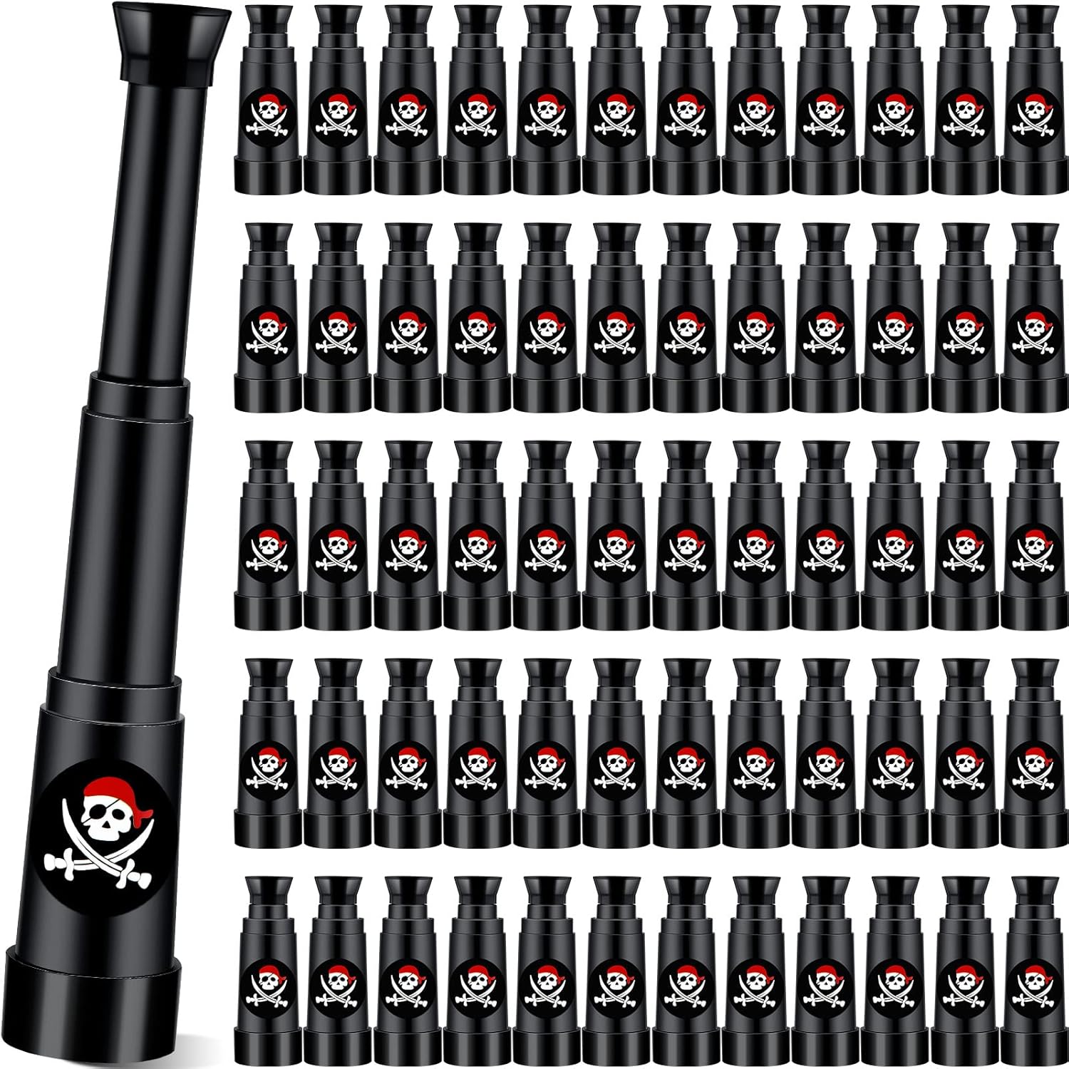 Seenelling pirate telescope pack front view showing multiple black plastic retractable spyglass toys for children