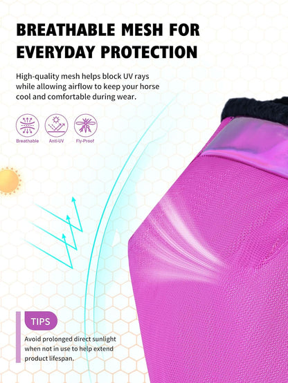 Side profile of horse wearing purple Harrison Howard fly mask