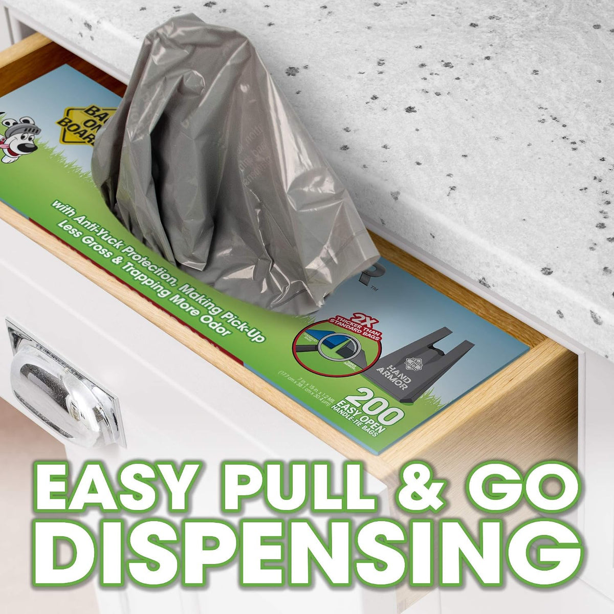 Pull and go dispensing carton for large capacity heavy duty pet waste bags