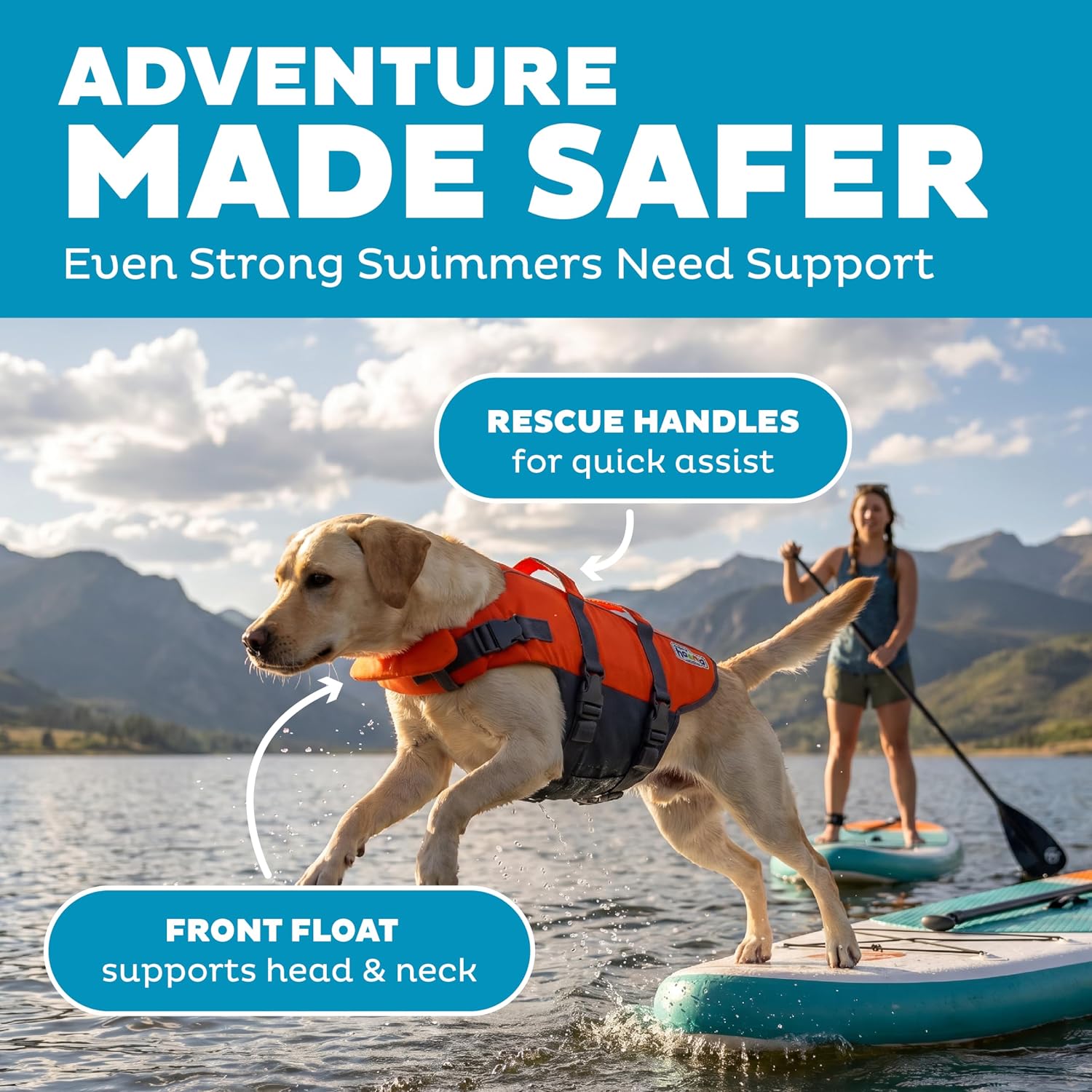 Orange dog life vest with dual rescue handles side view