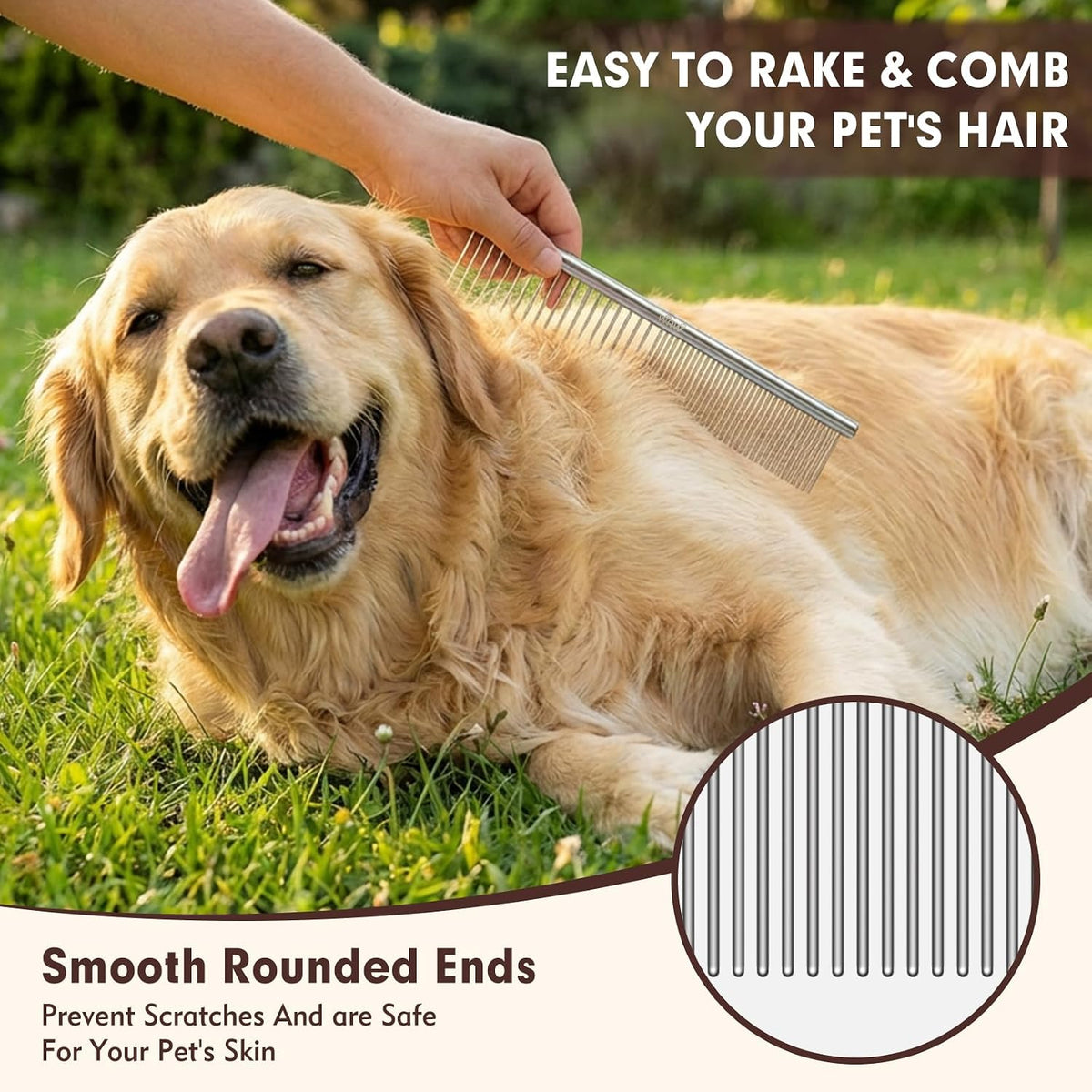 Close up view of stainless steel pet comb rounded teeth