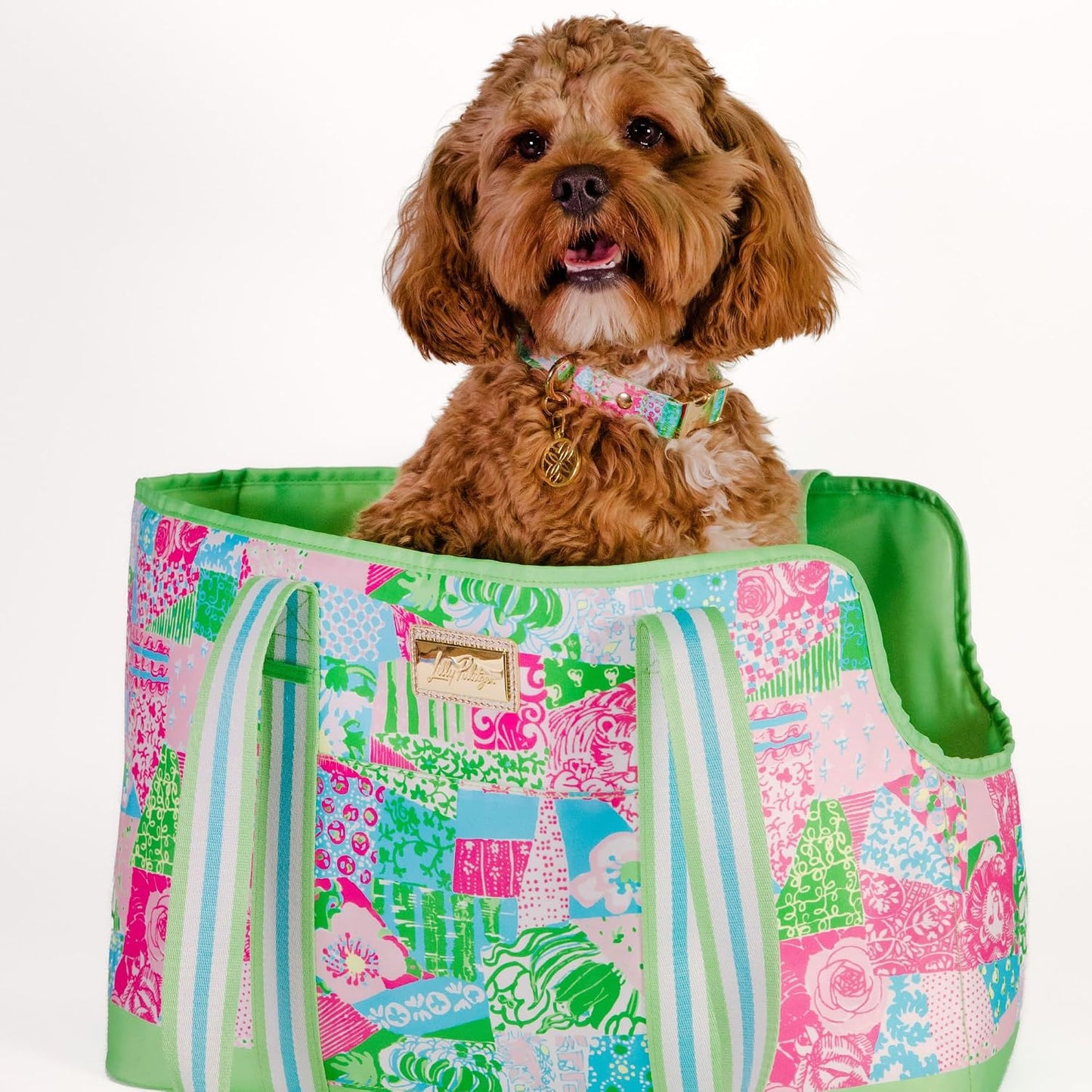 Lilly Pulitzer Small Pet Carrier with Removable Padded Insert, Shoulder Straps, 60 lb Capacity, Open-Top with Gold Buckle Closure & Safety Clip, and Exterior Pocket (Crazy Quilt Home) - Image 6