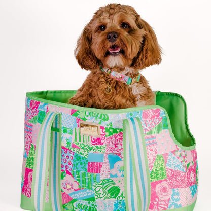 Lilly Pulitzer Small Pet Carrier with Removable Padded Insert, Shoulder Straps, 60 lb Capacity, Open-Top with Gold Buckle Closure & Safety Clip, and Exterior Pocket (Crazy Quilt Home) - Image 6