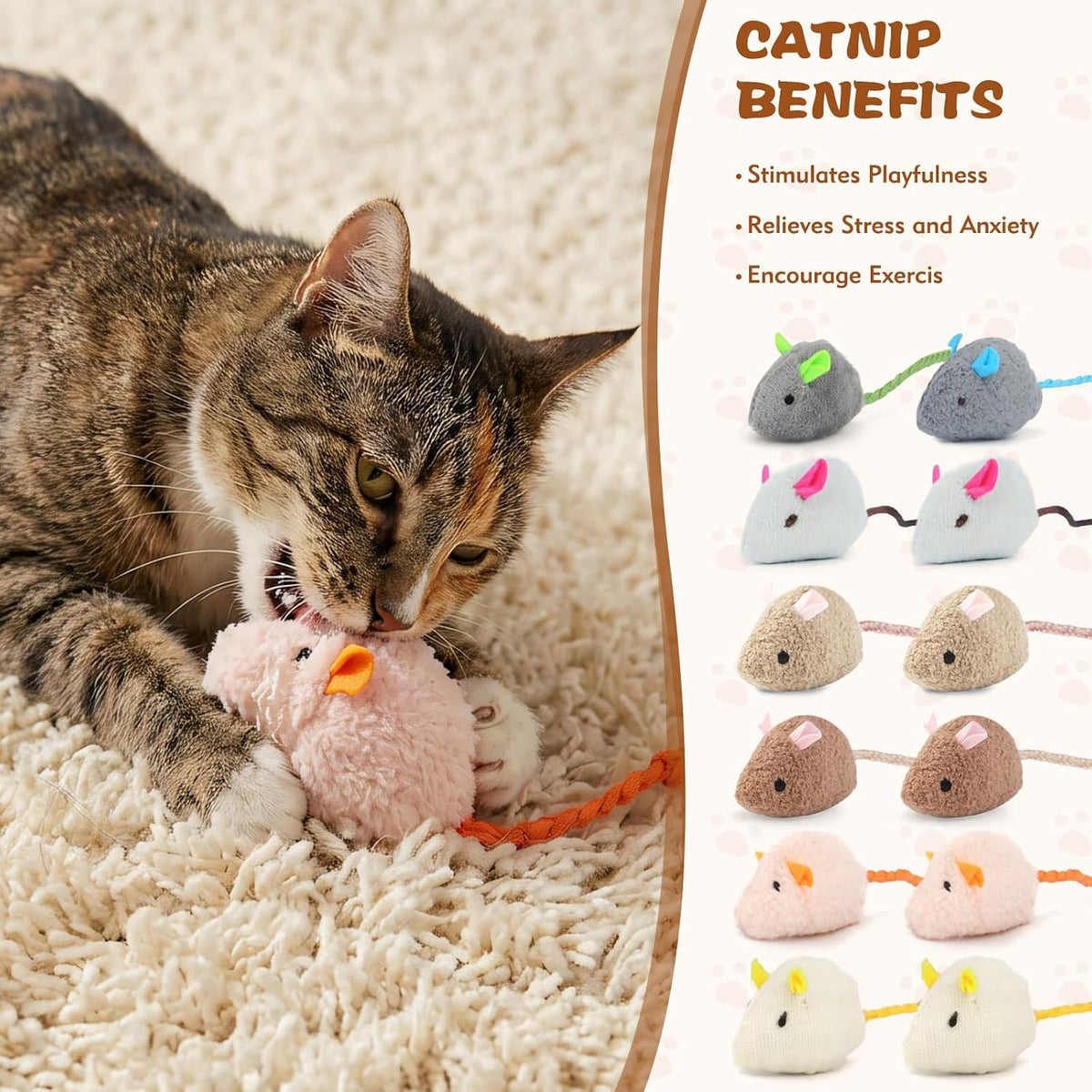 Twelve pack of durable artificial fur cat toys for multi cat households