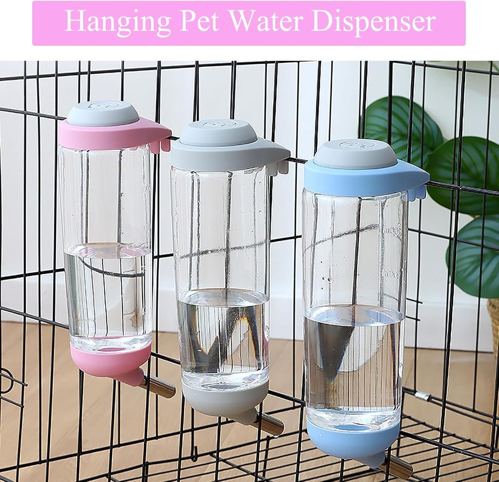 Grey pet cage automatic hydration bottle being filled with clean water for cats and dogs.