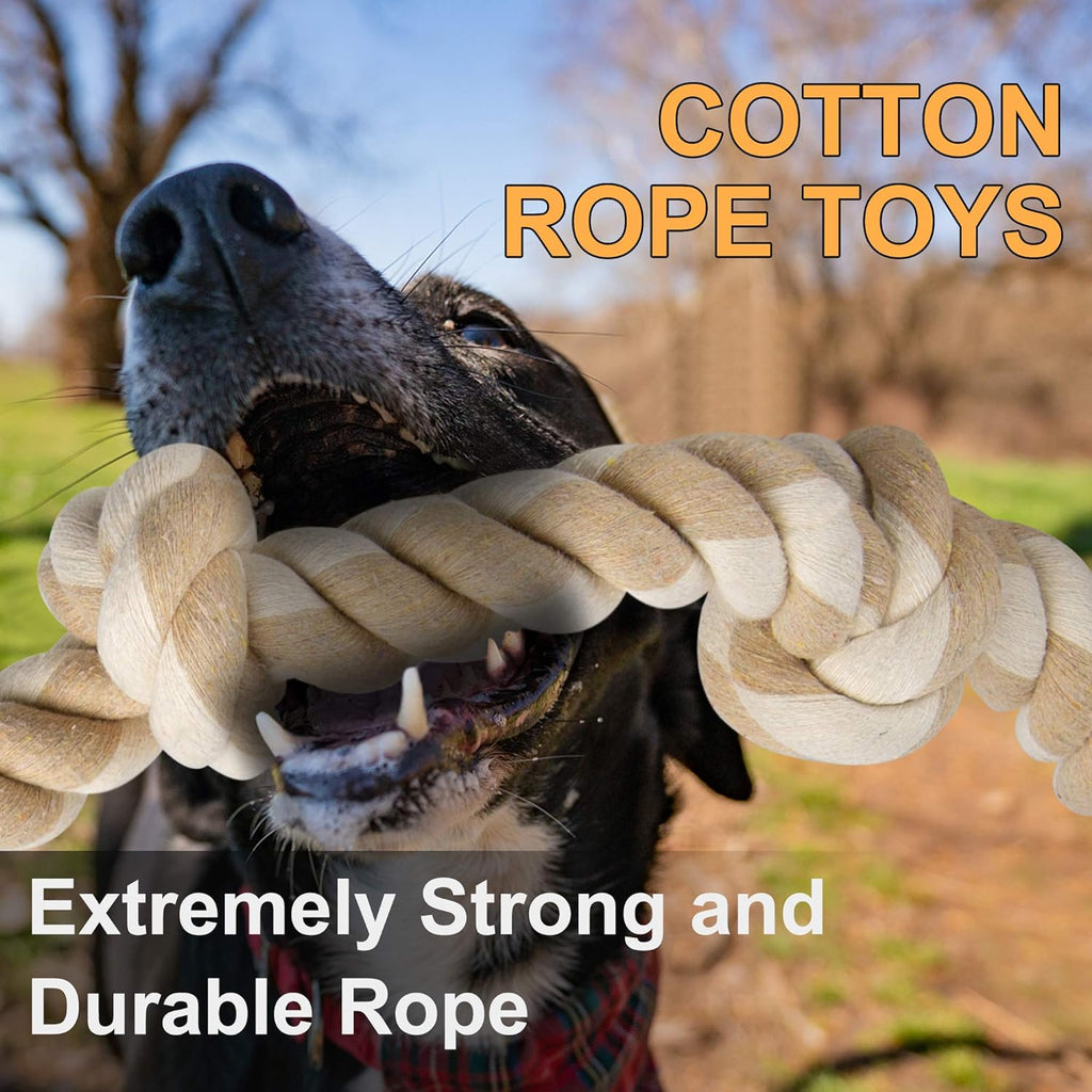 Three foot long natural cotton dog tug rope laid flat highlighting its durable construction.