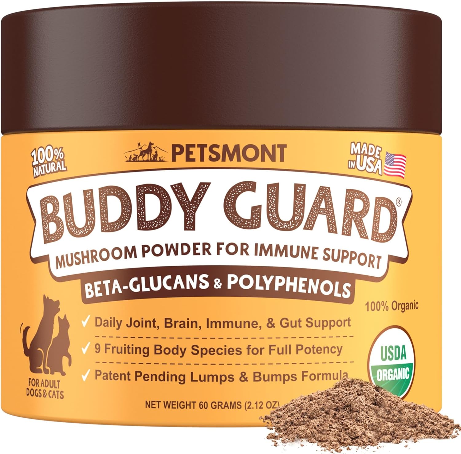 Petsmont Buddy Guard organic mushroom powder supplement front view for pet immune health.