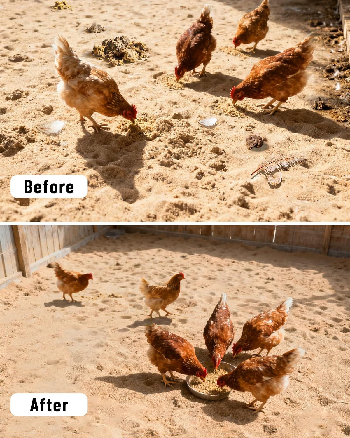 KOROI metal sand sifter shovel being used to clean backyard poultry waste.