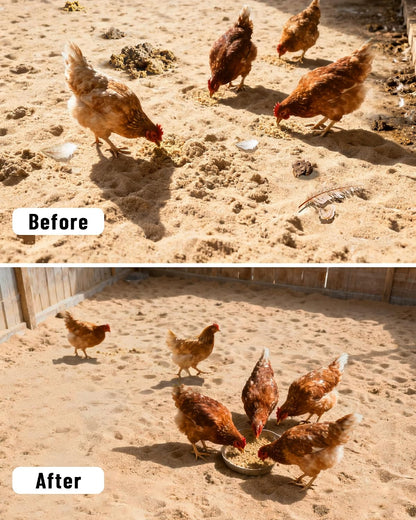 KOROI metal sand sifter shovel being used to clean backyard poultry waste.
