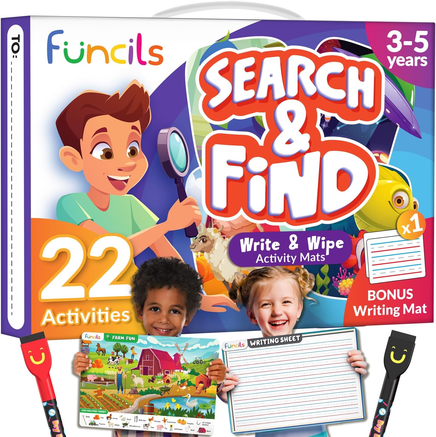 Funcils Search and Find preschool learning activity pack front view showing the colorful box and reusable mats.