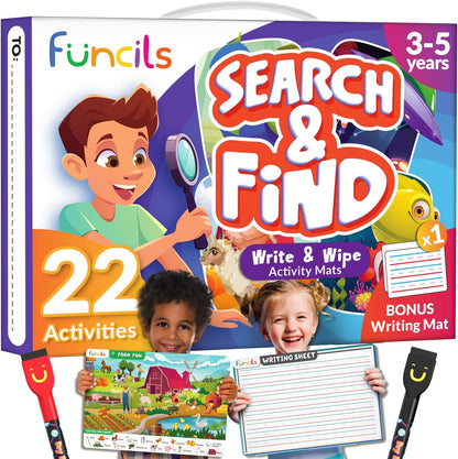 Funcils Search and Find preschool learning activity pack front view showing the colorful box and reusable mats.