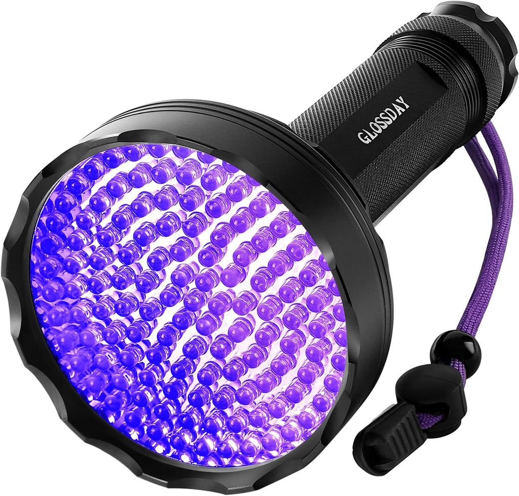 GLOSSDAY ultraviolet pet stain detector showing the battery compartment layout for six AA batteries.