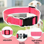 Three colors of aluzaemo farm animal tracking collars with secure manual release safety buckles.
