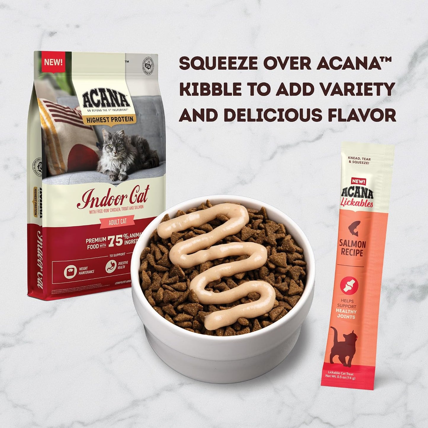 Cat enjoying ACANA Lickables salmon treat from a spoon