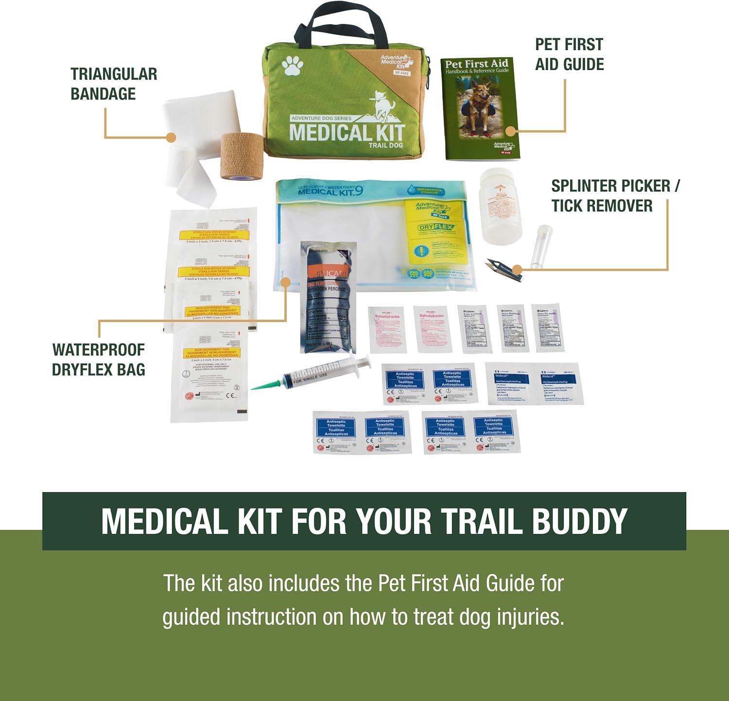 Adventure Medical Kits Trail Dog manual and specialized tick remover tool extracted from the travel pouch.